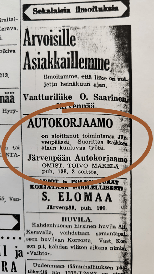Järvenpään Autokorjaamon mainos Keski-Uusimaa nro 55, 11.7.1947 